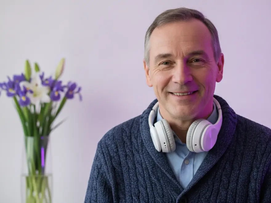 Man with headphones around his neck after adding a song to a video invitation