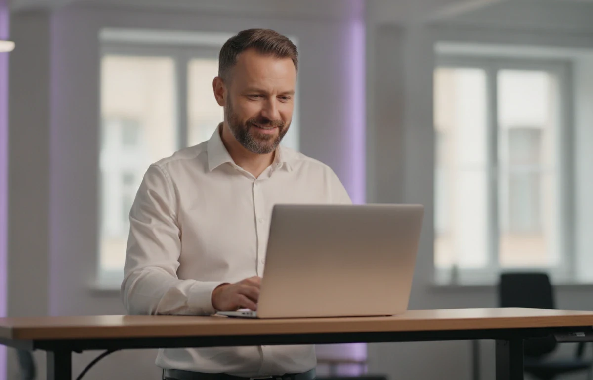 Manager at his laptop turning a PowerPoint deck into a narrated video with Pictory