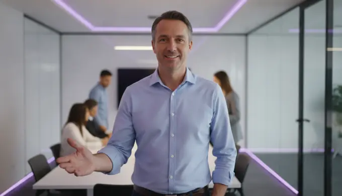 A manager presenting quarterly results in a recap video made from a town hall recording, with highlight clips picked out