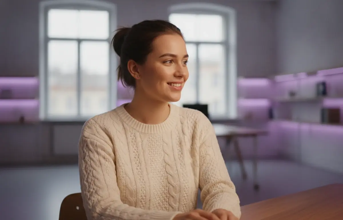 Marketer at her desk watching the AI avatar video Pictory built from her launch script