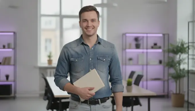 A marketer holding a booklet in a short video made from a whitepaper PDF, in wide, vertical and square formats