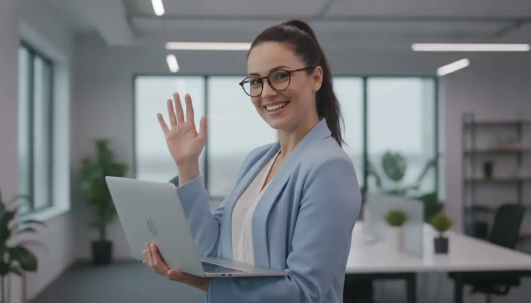 A marketer waving at the camera in a captioned video Pictory made from her script