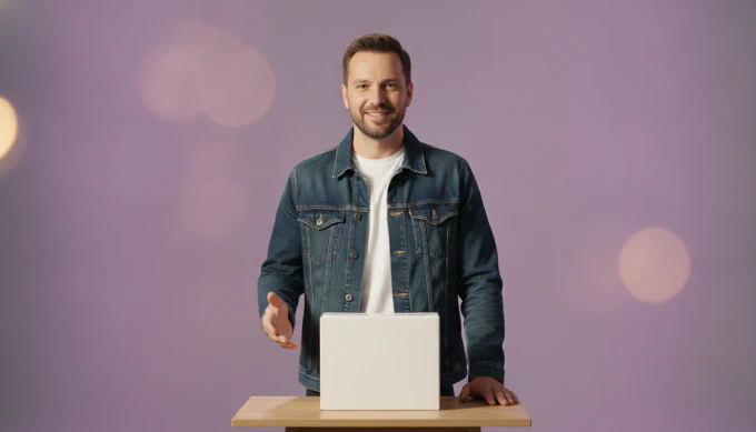 A marketing lead presenting a product in a marketing video with an AI voiceover