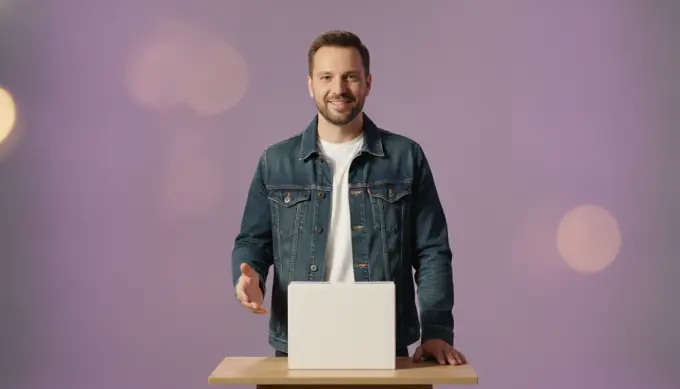 A marketing lead presenting a product in a marketing video with an AI voiceover