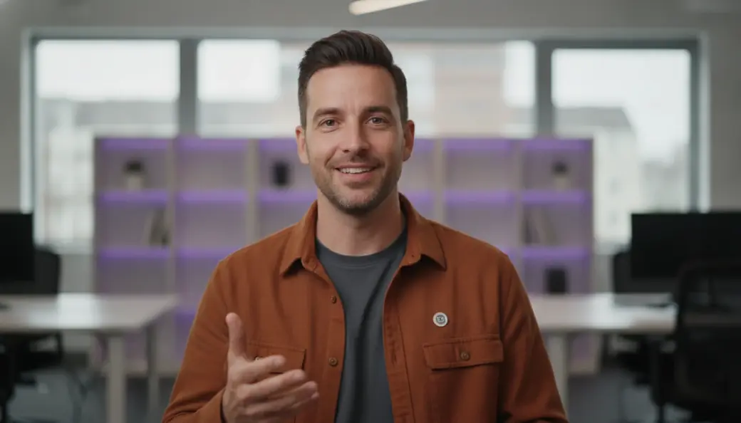 A marketing lead speaking to camera in a video Pictory's AI video agent built from his brief