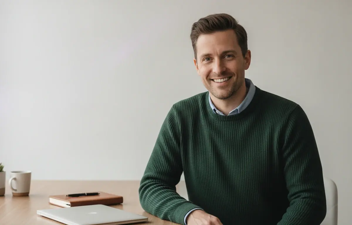 Marketing manager at his desk after generating an image for his video from a text prompt in Pictory