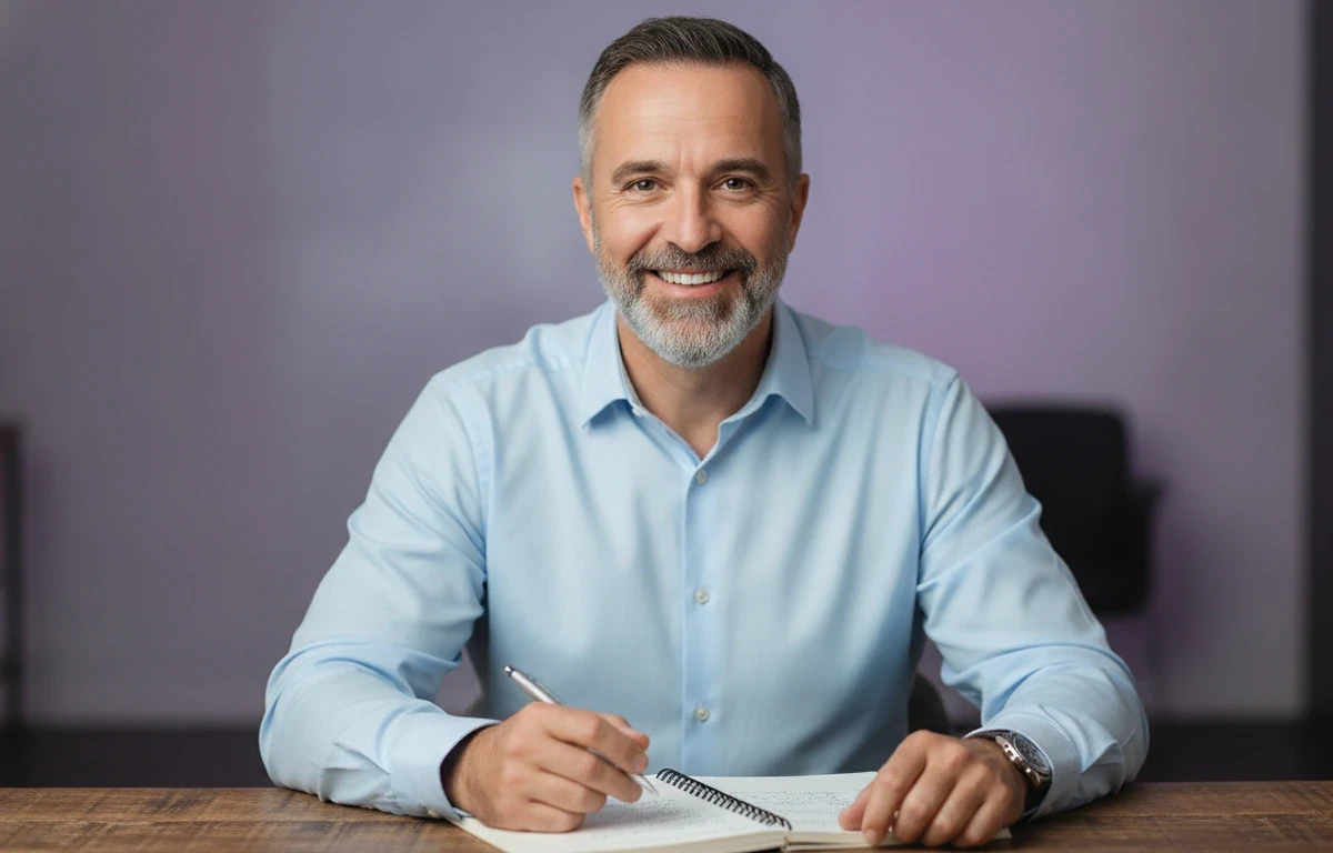 A marketing manager at his desk planning a video with the AI video generator in Pictory