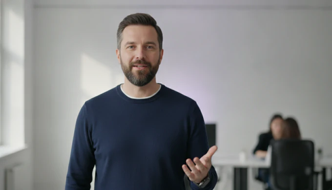 A marketing manager in a navy sweater talking to camera in an open-plan office, with a campaign video made by Pictory