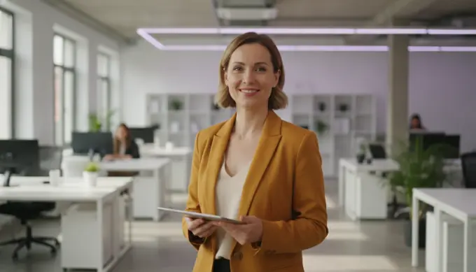 A marketing manager smiling in a launch video made from her campaign brief, with wide, vertical and square formats