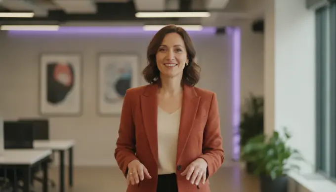 A marketing manager smiling in a promo video with a soundtrack and a voiceover added