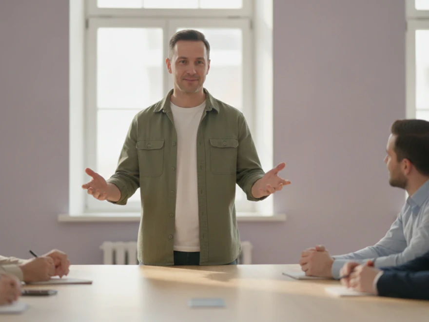 A marketing team member presenting a shared video project to colleagues in Pictory
