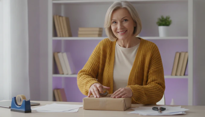 A marketplace seller packing a parcel in a product video made from her own photos