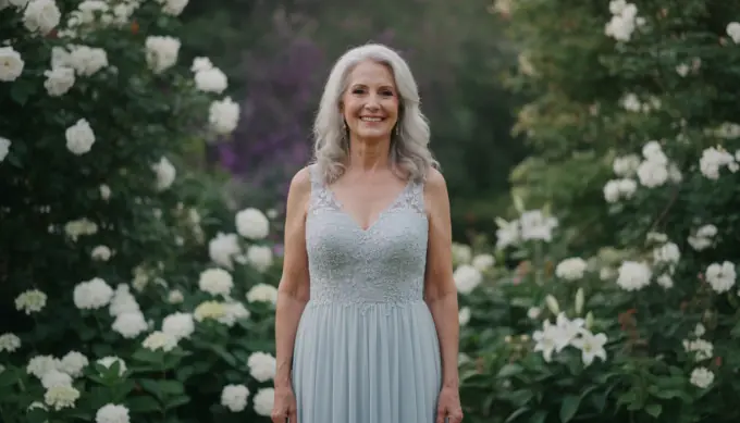 A mother of the bride in a garden with white flowers in a wedding slideshow made from family photos