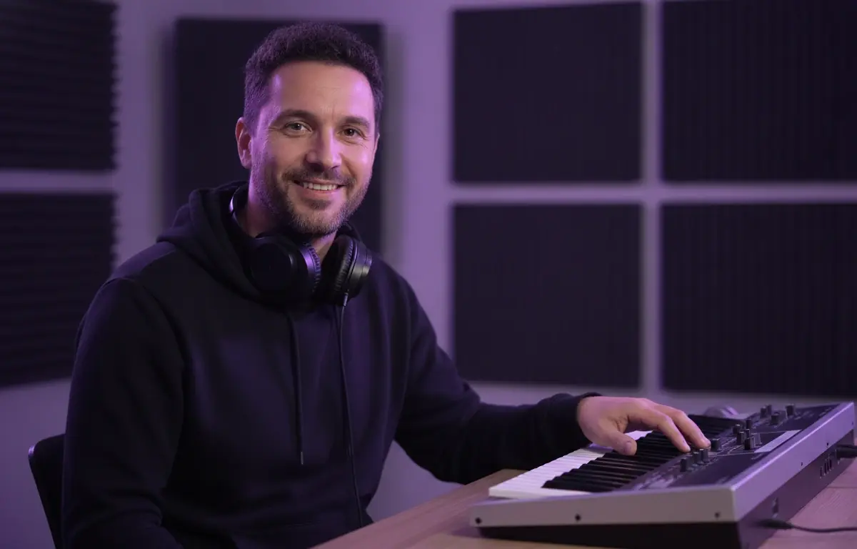 Music producer at his keyboard after turning a finished track into a music video with Pictory