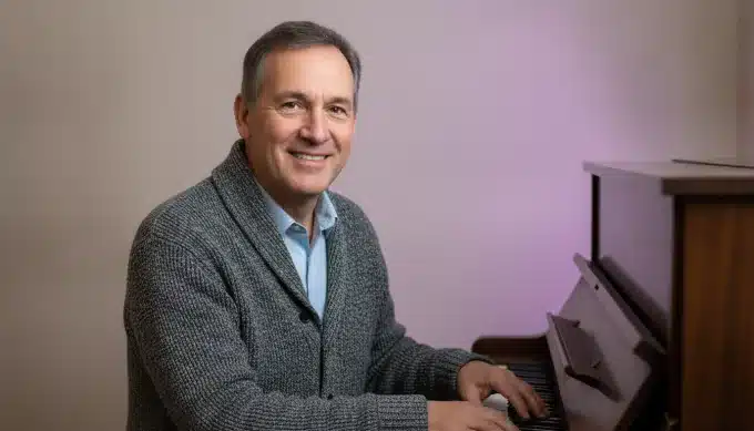 A music teacher at an upright piano in a lyric video for a lesson