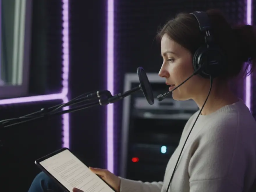 Narrator wearing a headset reading speaker notes, with an AI voice applied to the slides in Pictory