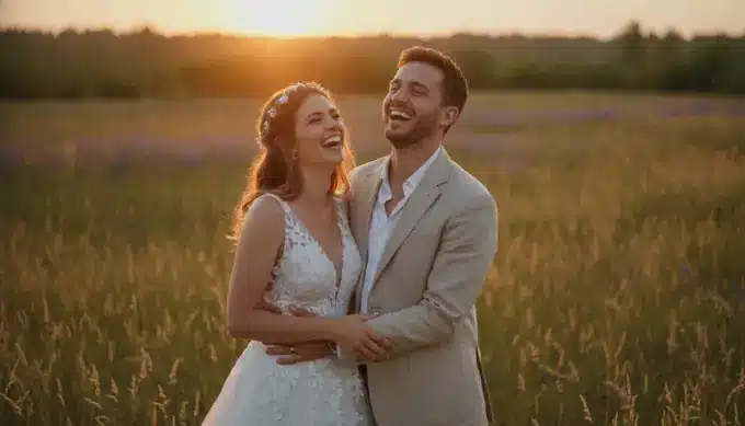 A newly married couple laughing in a field at sunset in their wedding highlights video