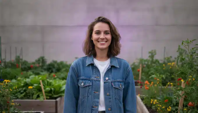 A nonprofit volunteer in a community garden in a short story video for social media