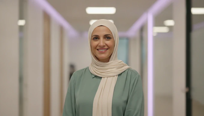 An onboarding specialist in a bright office corridor, in a training video updated with the AI video editor