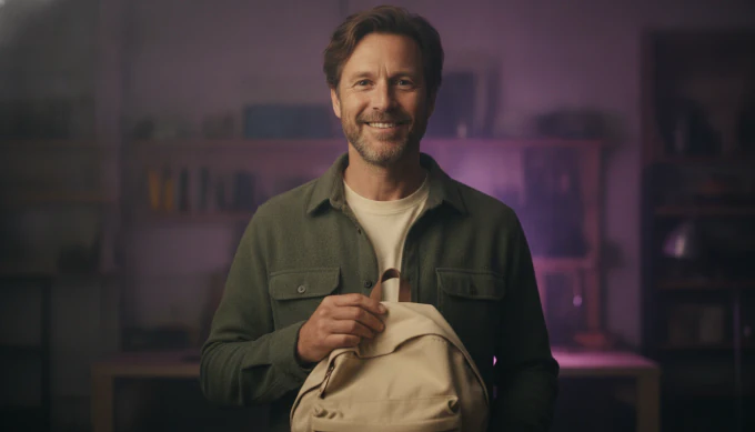 An online store owner holding a canvas backpack in a product video for his listing