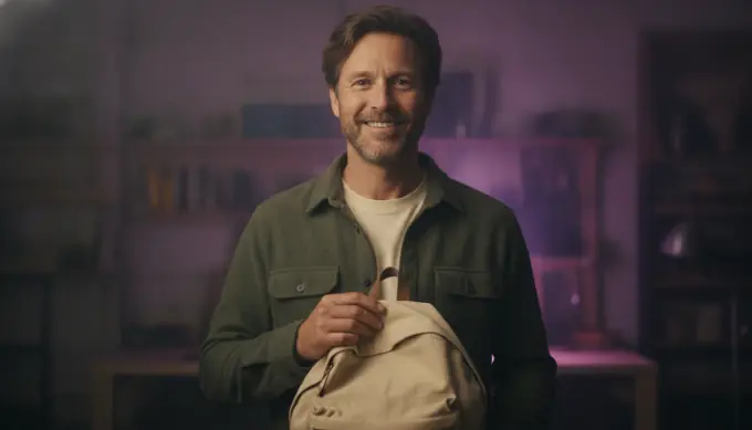 An online store owner holding a canvas backpack in a product video for his listing