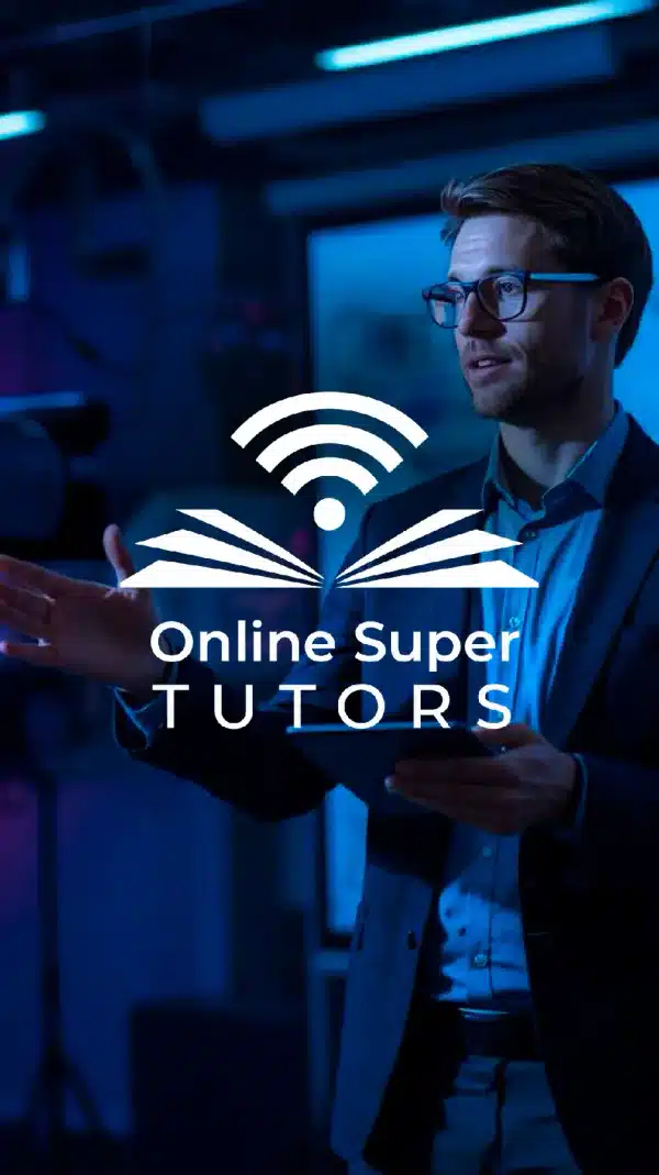 Online Super Tutors logo over a tutor presenting a lesson