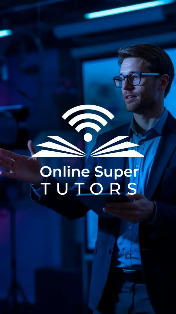 Online Super Tutors logo over a tutor presenting a lesson