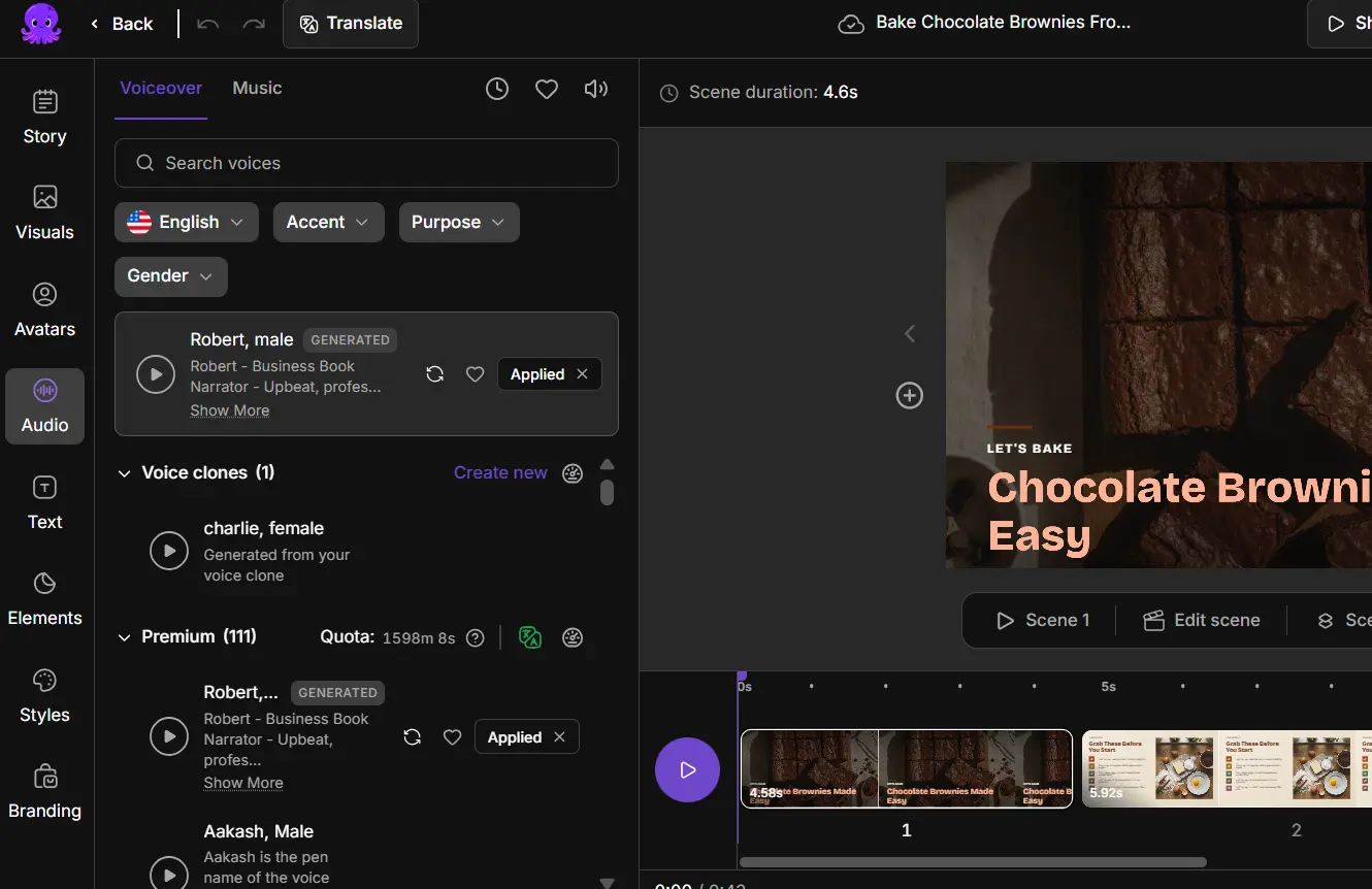 Pictory 3 Audio panel with voiceover controls