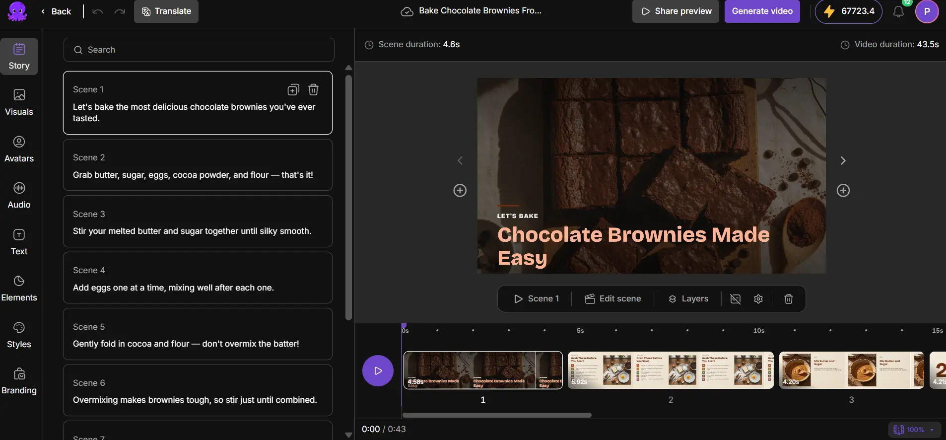 Pictory 3 editor with the scene strip and panels