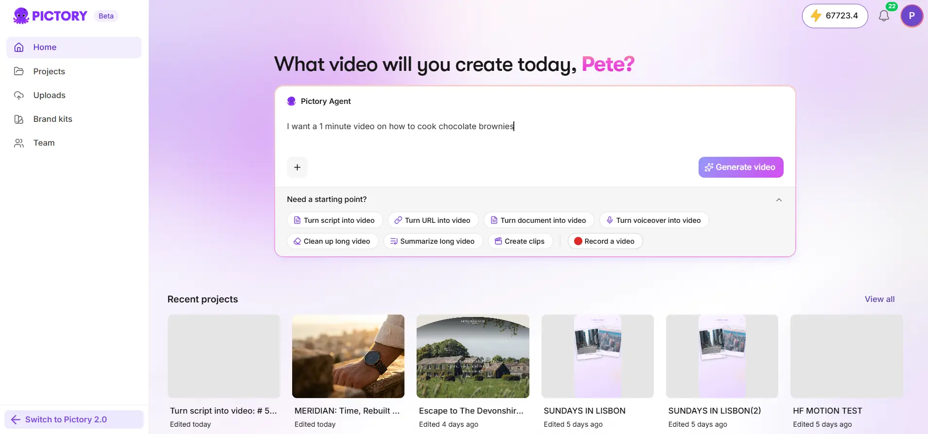  Pictory 3 home page with the agent input, where you describe the video and add source files or URLs