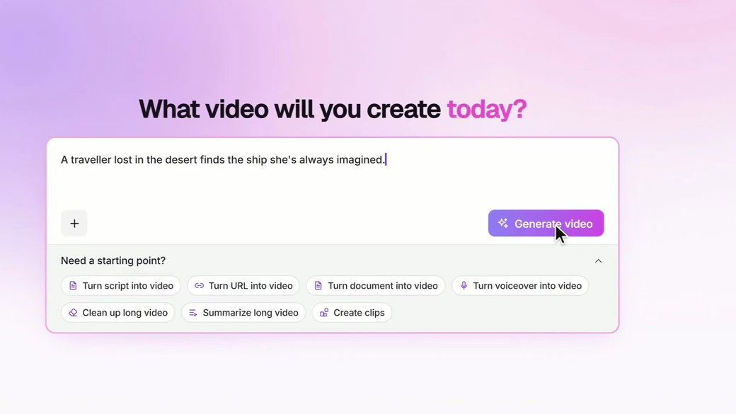 The Pictory 3 prompt box asking what video you will create, with a script idea typed in and the starting points below it