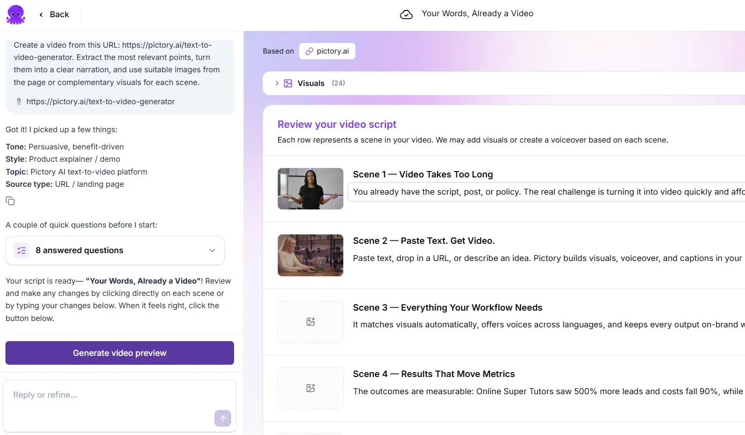 Pictory 3 script review with images selected from a web page