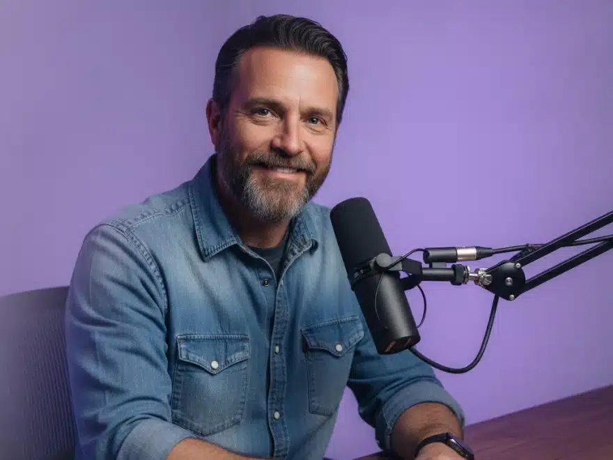 A podcast host at his desk fixing a word in the transcript of his video in Pictory