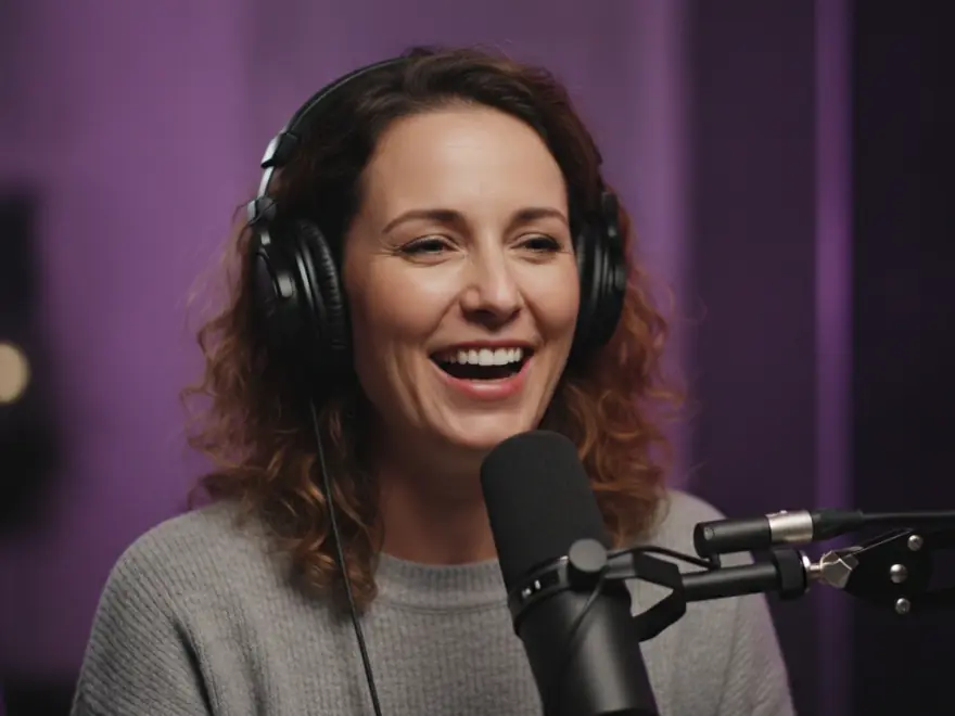 Podcast host laughing at her microphone in a captioned clip made with Pictory