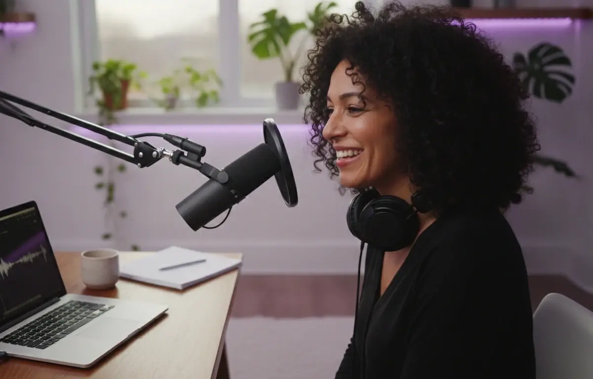 Podcaster at her microphone and laptop turning an episode into a captioned video with Pictory