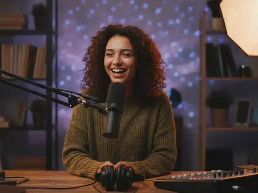 Podcaster at her microphone, with one episode repurposed into several short videos in Pictory
