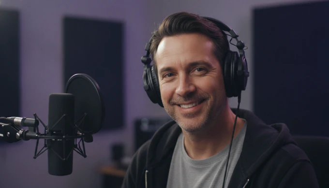 A podcaster at his microphone in a YouTube video made from his episode