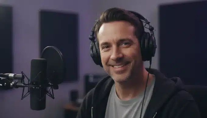 A podcaster at his microphone in a YouTube video made from his episode