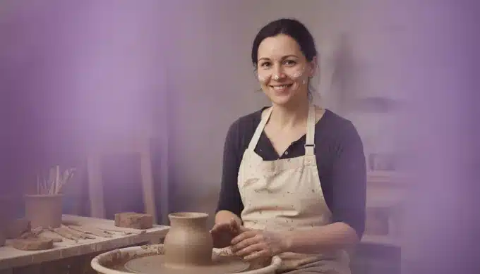 A potter at her wheel in a vertical TikTok video made from her photos