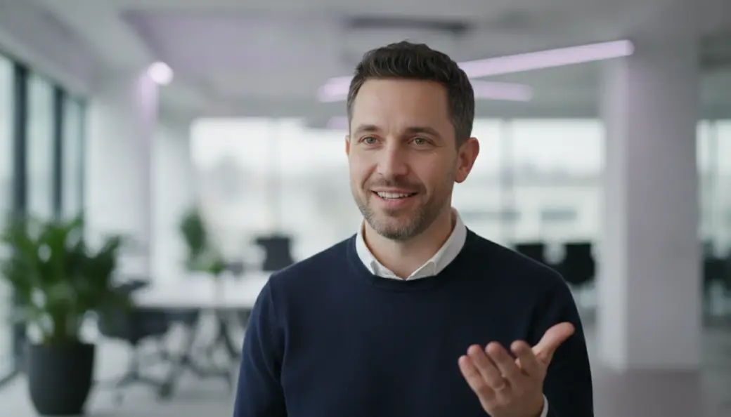 A presenter explaining quarterly results in a captioned video Pictory made from text