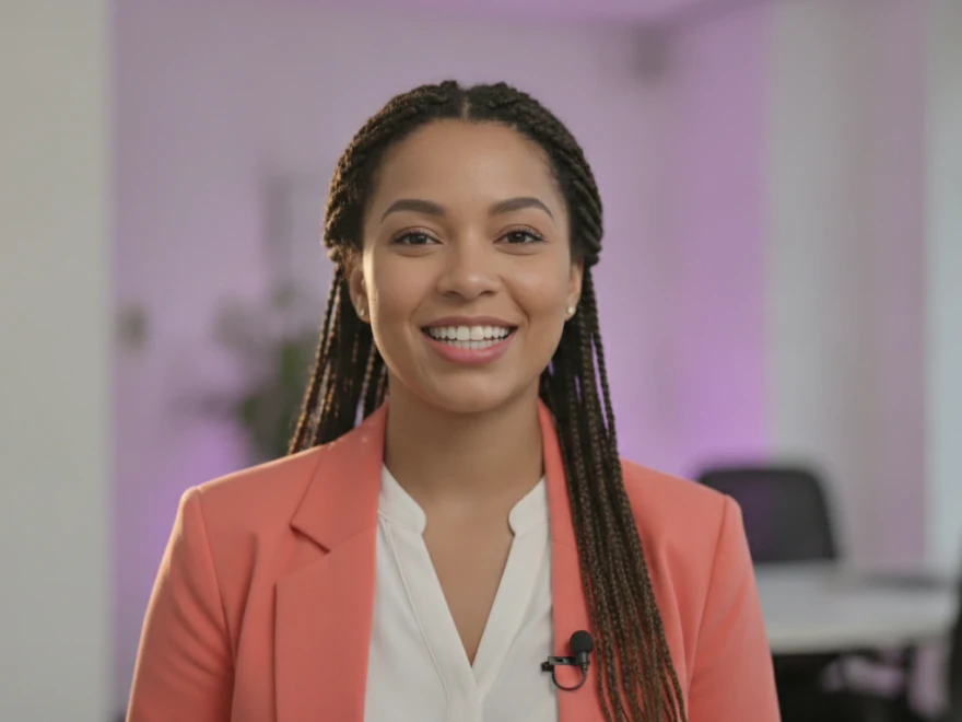 A presenter in a coral blazer speaking to the camera in an AI video generated in Pictory