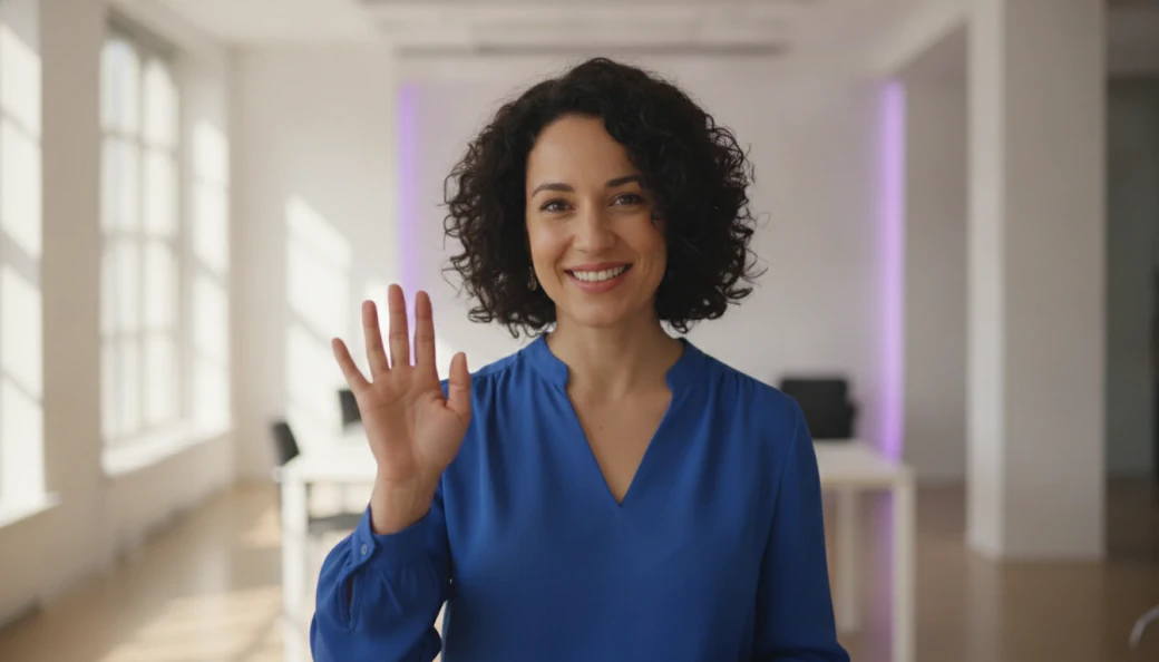 A presenter waving at the camera in a captioned video Pictory made from her script