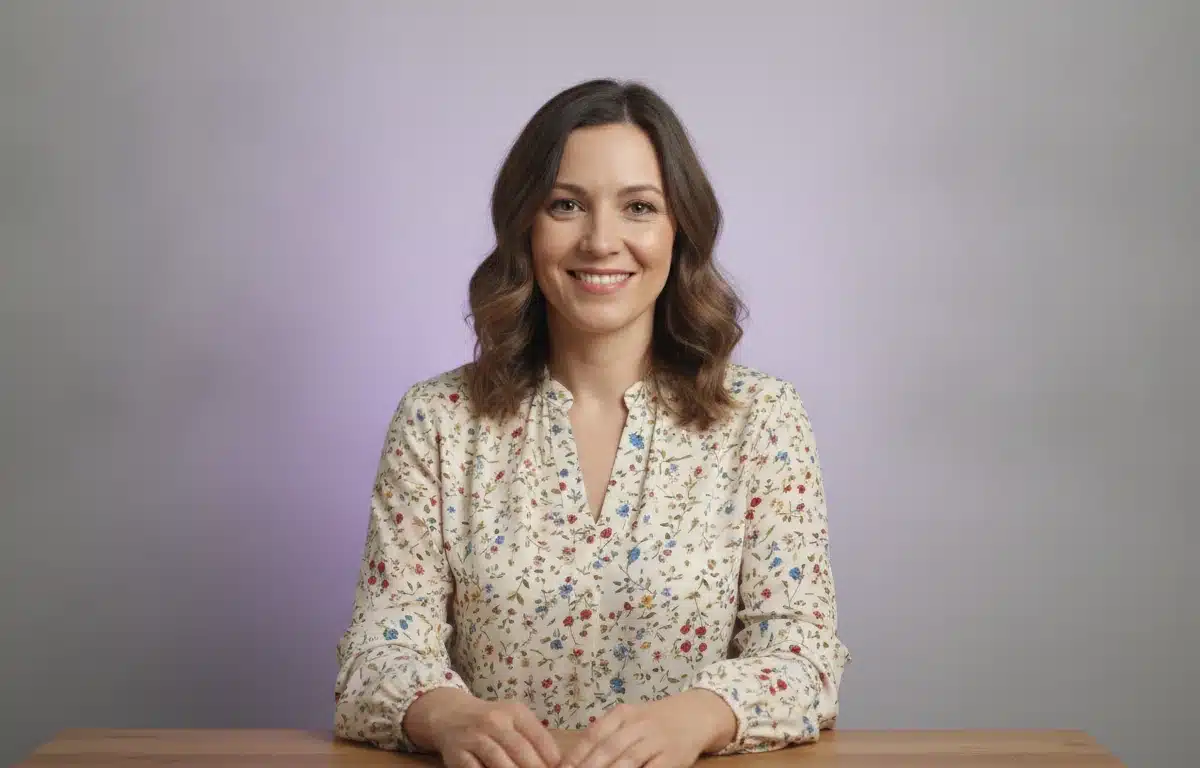 A primary school teacher at her desk after writing a short story for a reading video with Pictory