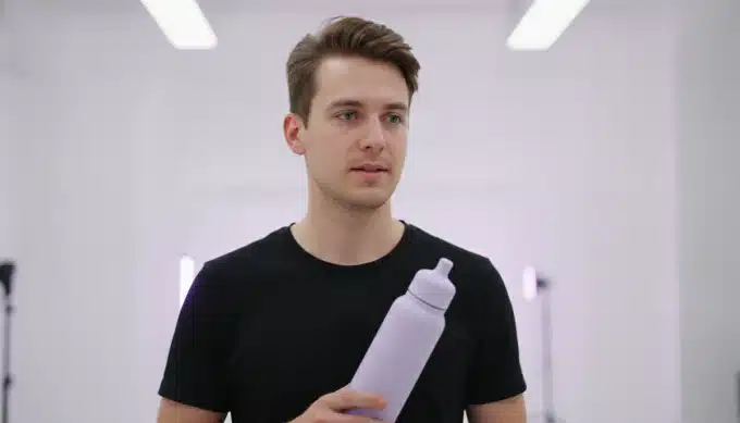 A product designer holding a water bottle in a studio in an ad video with AI captions from Pictory