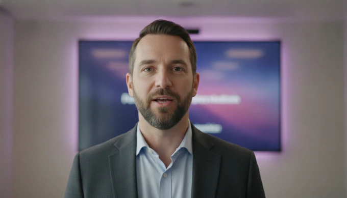 A product manager beside a presentation screen, with his slide deck turned into a narrated video by Pictory 3