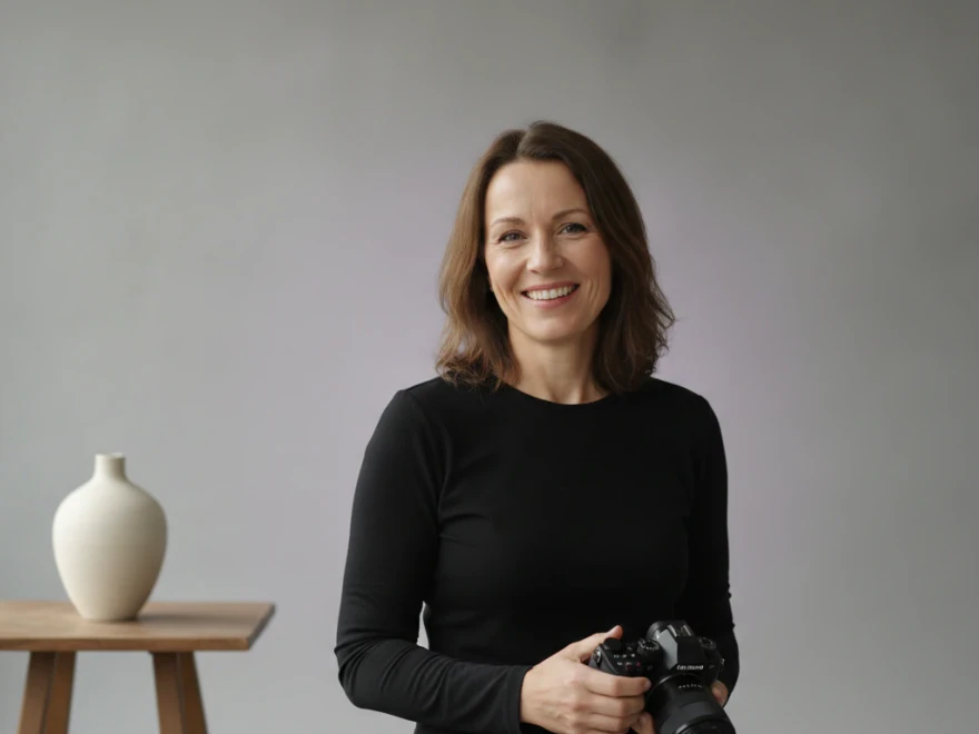Product photographer with her camera beside a ceramic vase, adding product photos to a video in Pictory