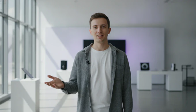 A product specialist presenting an explainer as an AI avatar in a bright showroom