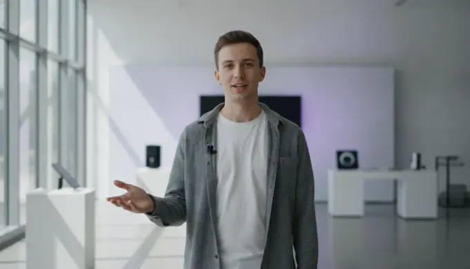 A product specialist presenting an explainer as an AI avatar in a bright showroom