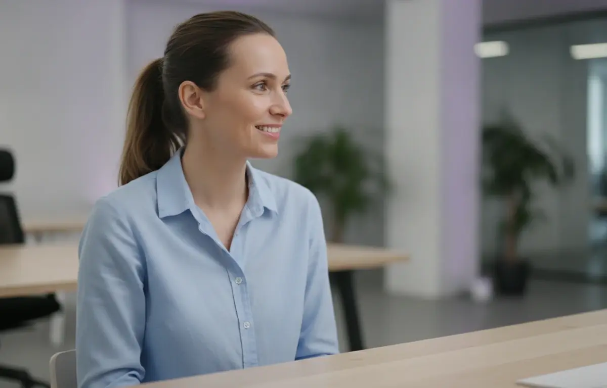 Project manager at her desk watching the short summary Pictory made from an hour-long recording