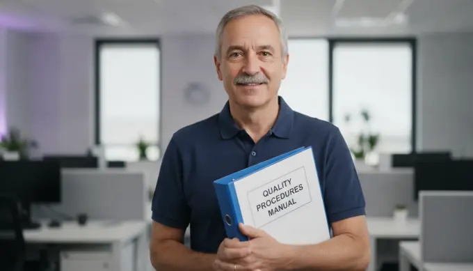 A quality manager holding a procedure binder, with the procedure turned into a training video by Pictory's AI video agent